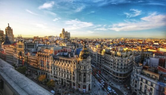 A beautiful view of Madrid, Spain, showcasing its iconic landmarks and vibrant street life.