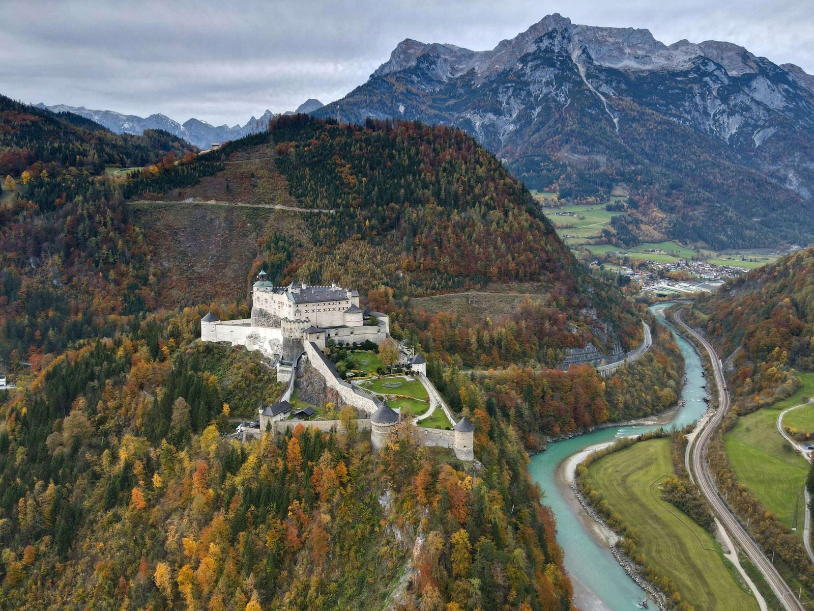 Hohenwerfen Castle is one of the must-see castles in Europe. Featured is an aerial view of Hohenwerfen Castle.